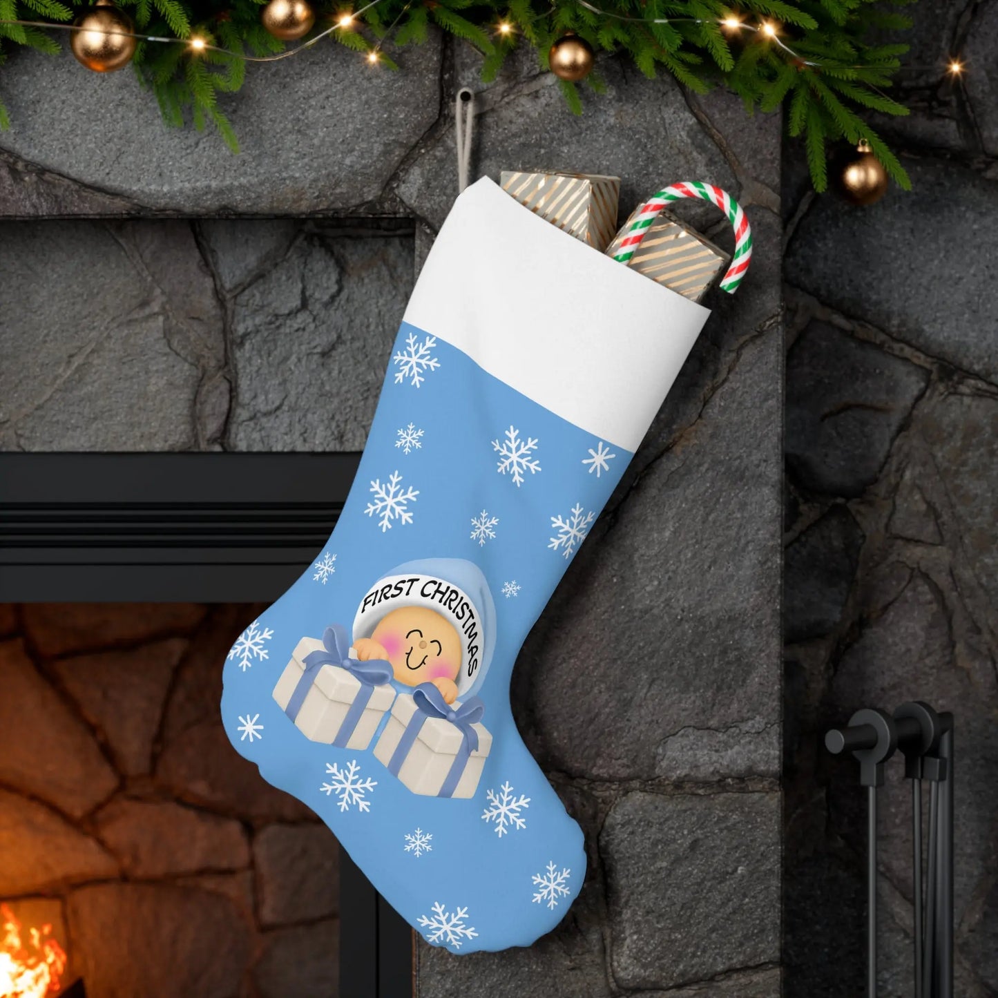 Personalized Baby Boy’s First Christmas Stocking – Blue Snowflake & Gift Design Printify