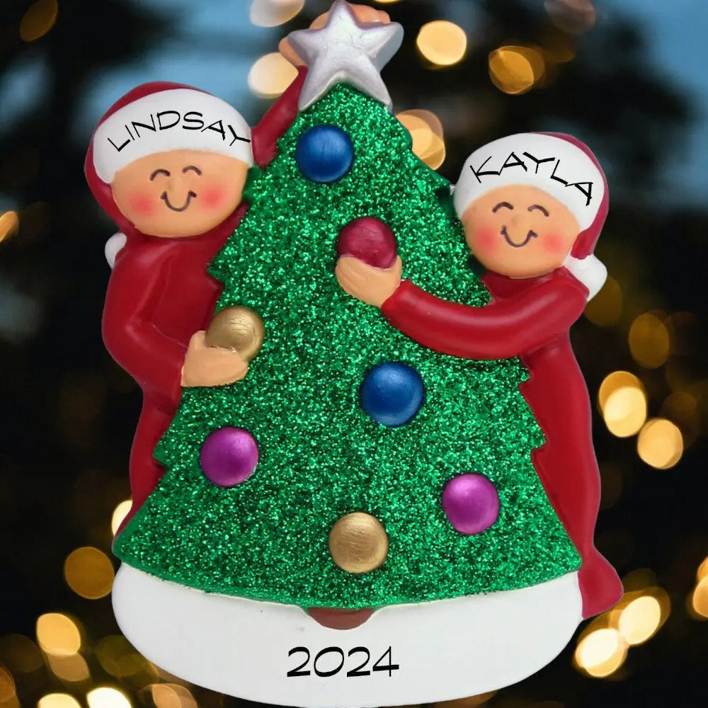 Family Decorating Tree: 6 People, African - American Christmas Ornament - Last Elf on the Left