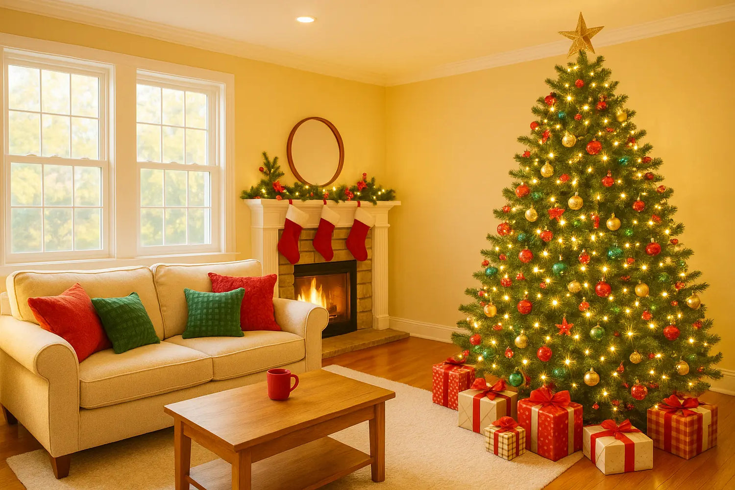 Four personalized Christmas stockings hanging on a mantel - red stocking for Buddy, green for Lily, blue for Jack, and pink for Sophia, each featuring festive designs and gingerbread characters