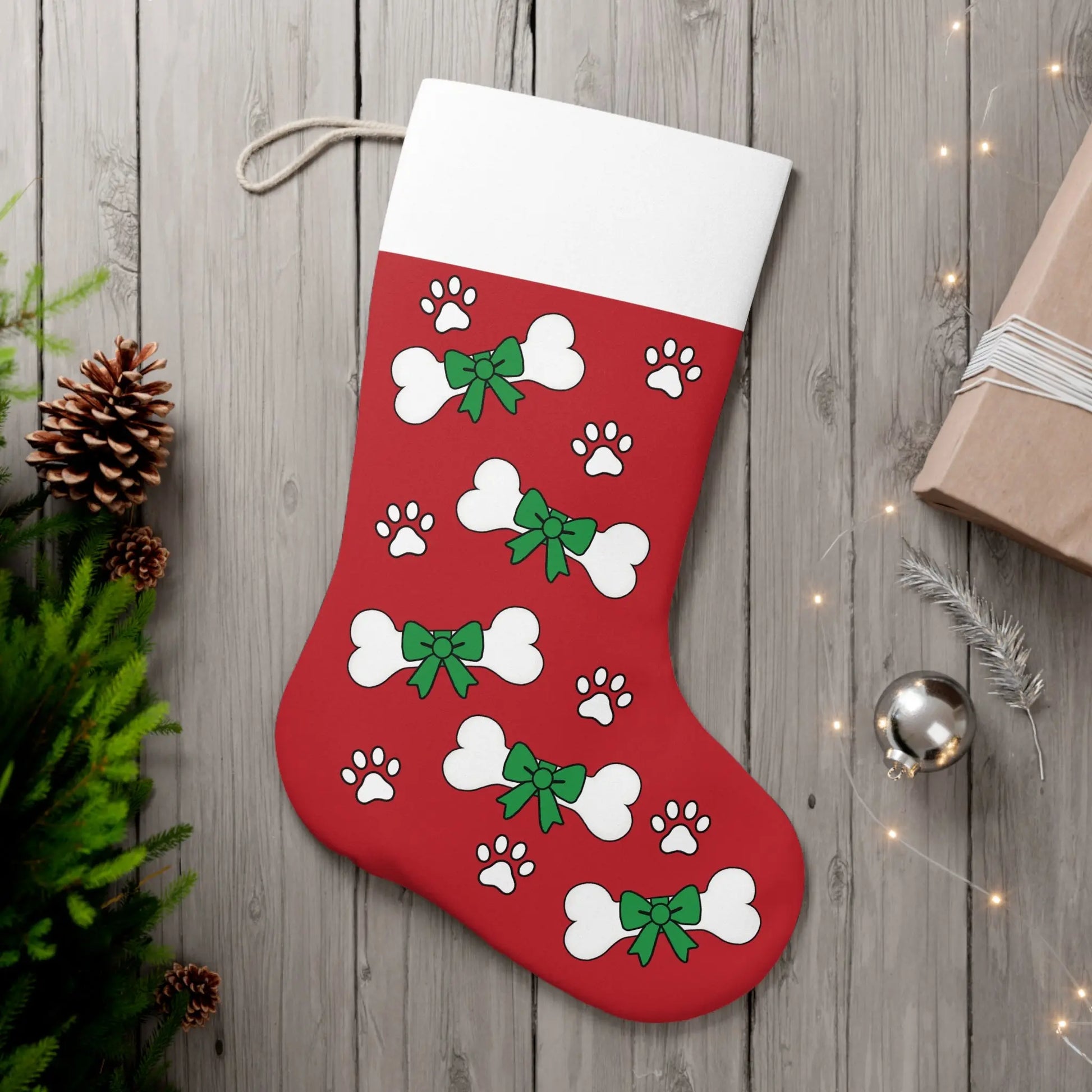 Pet Christmas Stocking, Dog Holiday Stocking for Pets, Personalized Santa Stockings, Holiday Decor for Pets, Festive Bone Pattern Stocking Printify