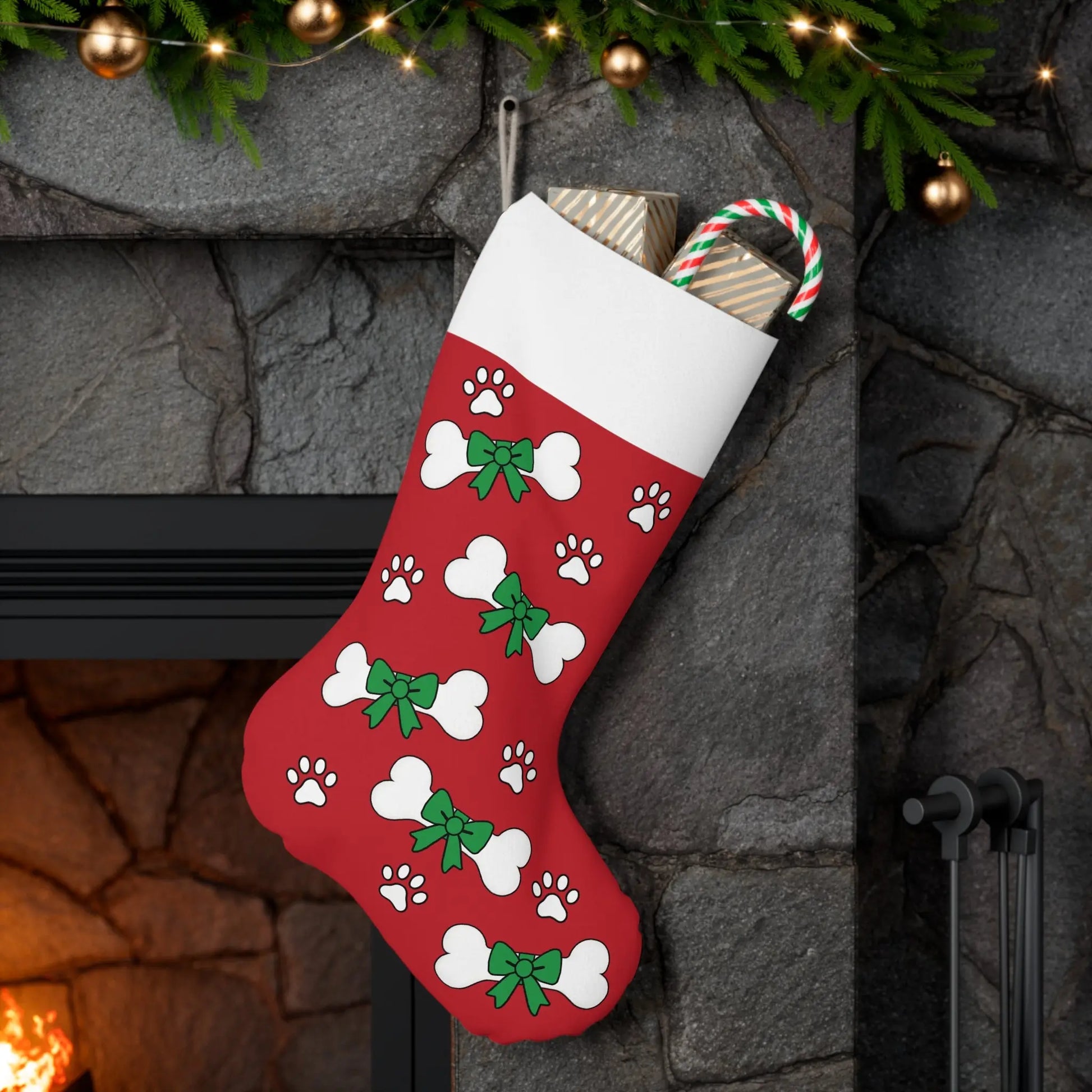 Pet Christmas Stocking, Dog Holiday Stocking for Pets, Personalized Santa Stockings, Holiday Decor for Pets, Festive Bone Pattern Stocking Printify