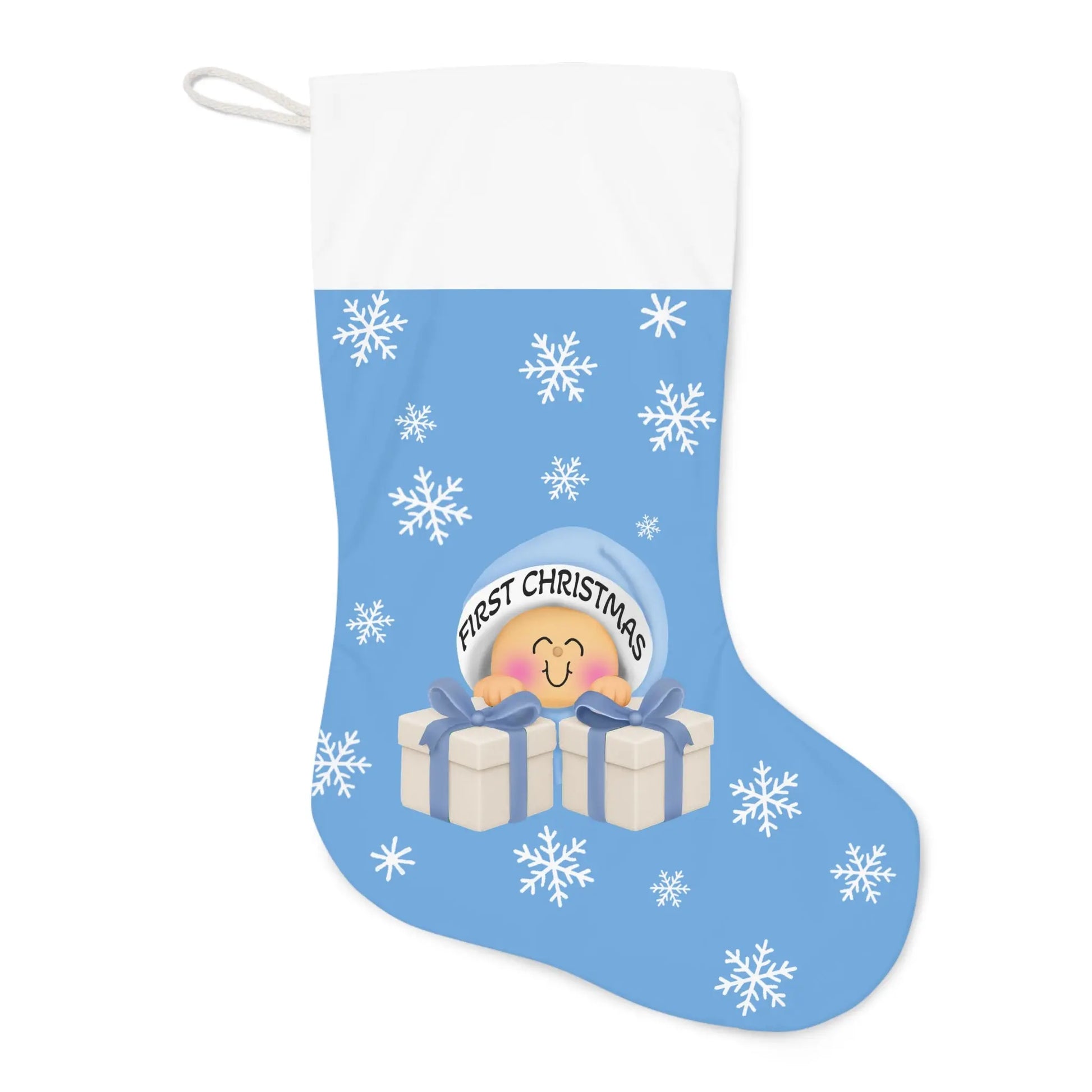 Personalized Baby Boy’s First Christmas Stocking – Blue Snowflake & Gift Design Printify