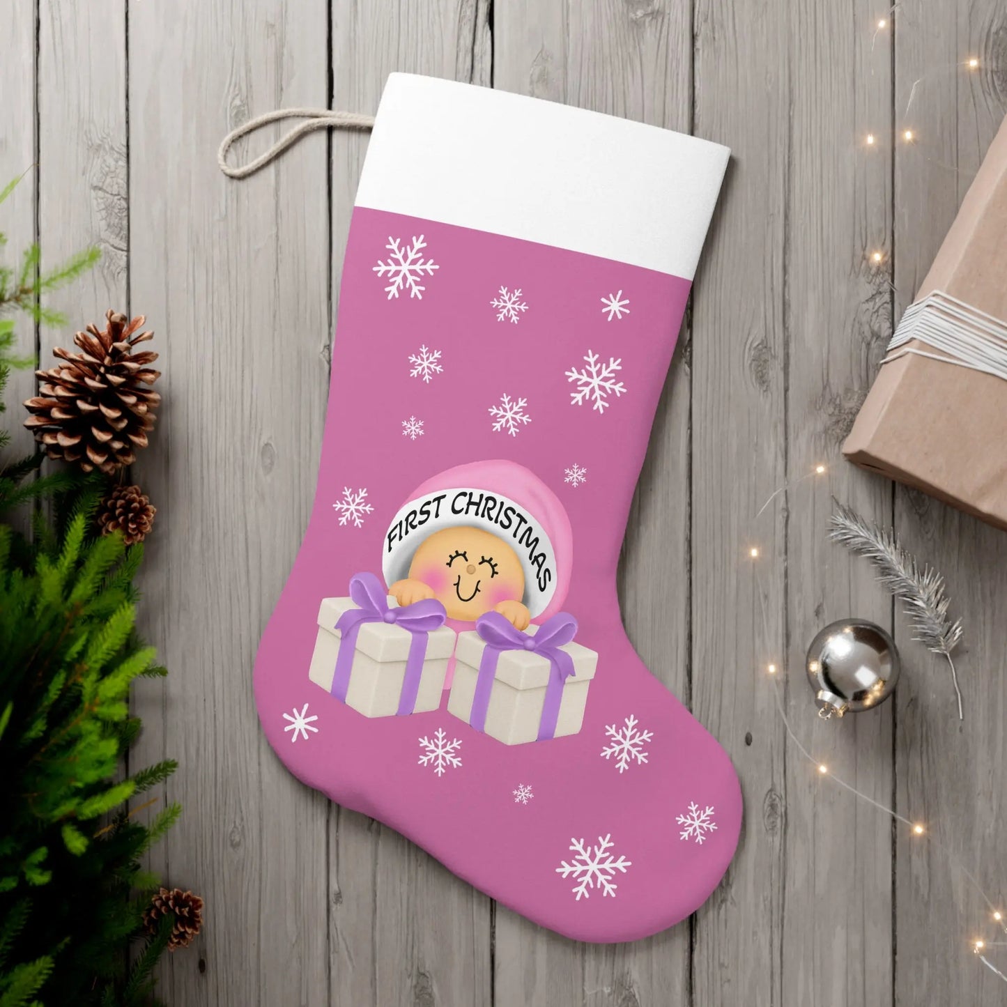 Personalized Baby Girl’s First Christmas Stocking Printify