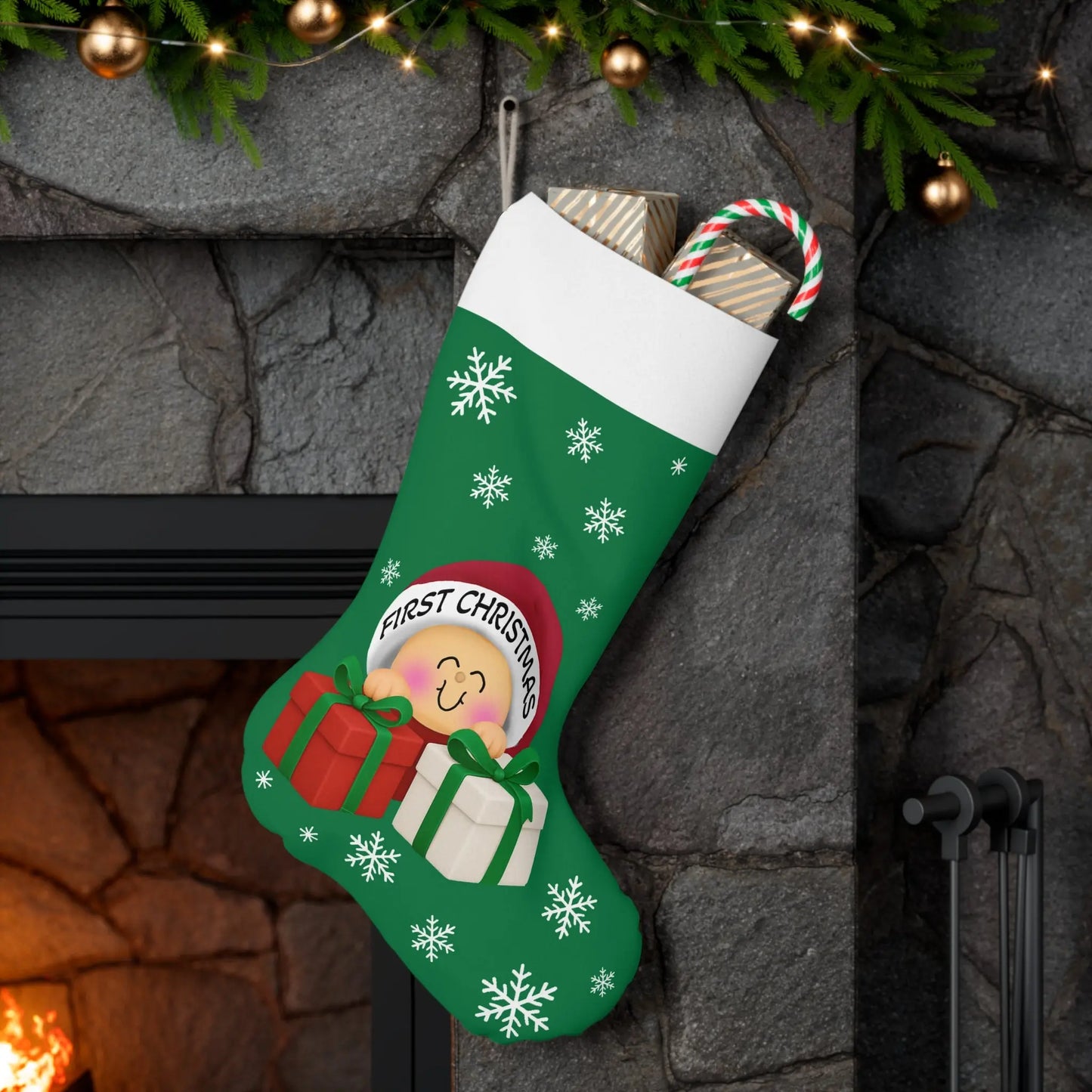 Personalized Christmas Stocking, First Christmas Gift, Holiday Décor, Kids' Santa Stocking, Festive Home Decoration Printify