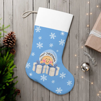 Personalized Baby Boy’s First Christmas Stocking – Blue Snowflake & Gift Design Printify