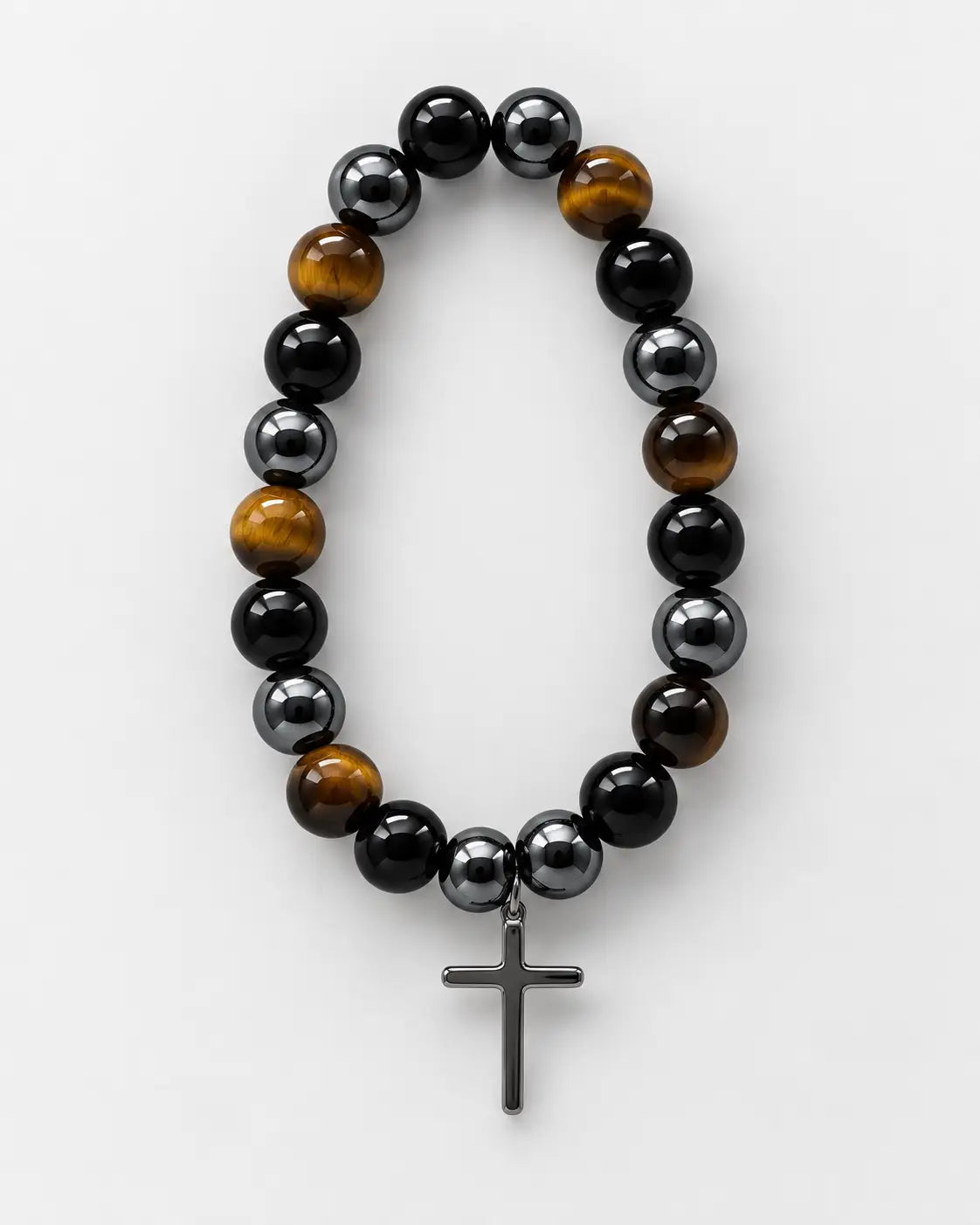 Triple Protection bracelet with golden-brown, gunmetal and black beads and a metallic cross charm