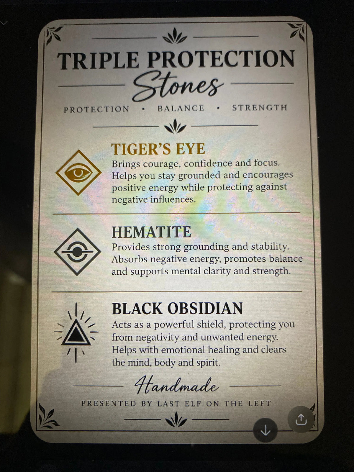 Last Elf on the Left Triple Protection Stones information card describing traditional gemstone meanings