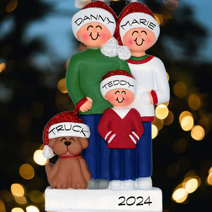 Family w/ Dog: 4 People Christmas Ornament