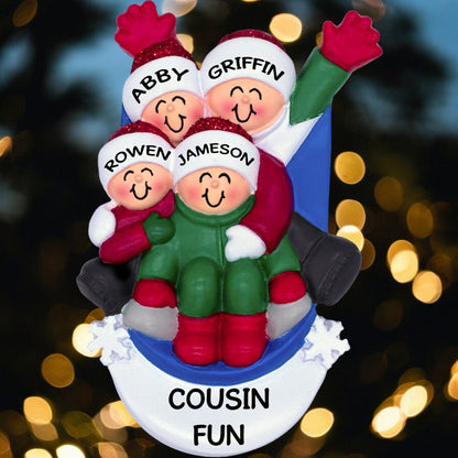 Family Sledding: 5 People Christmas Ornament - Last Elf on the Left