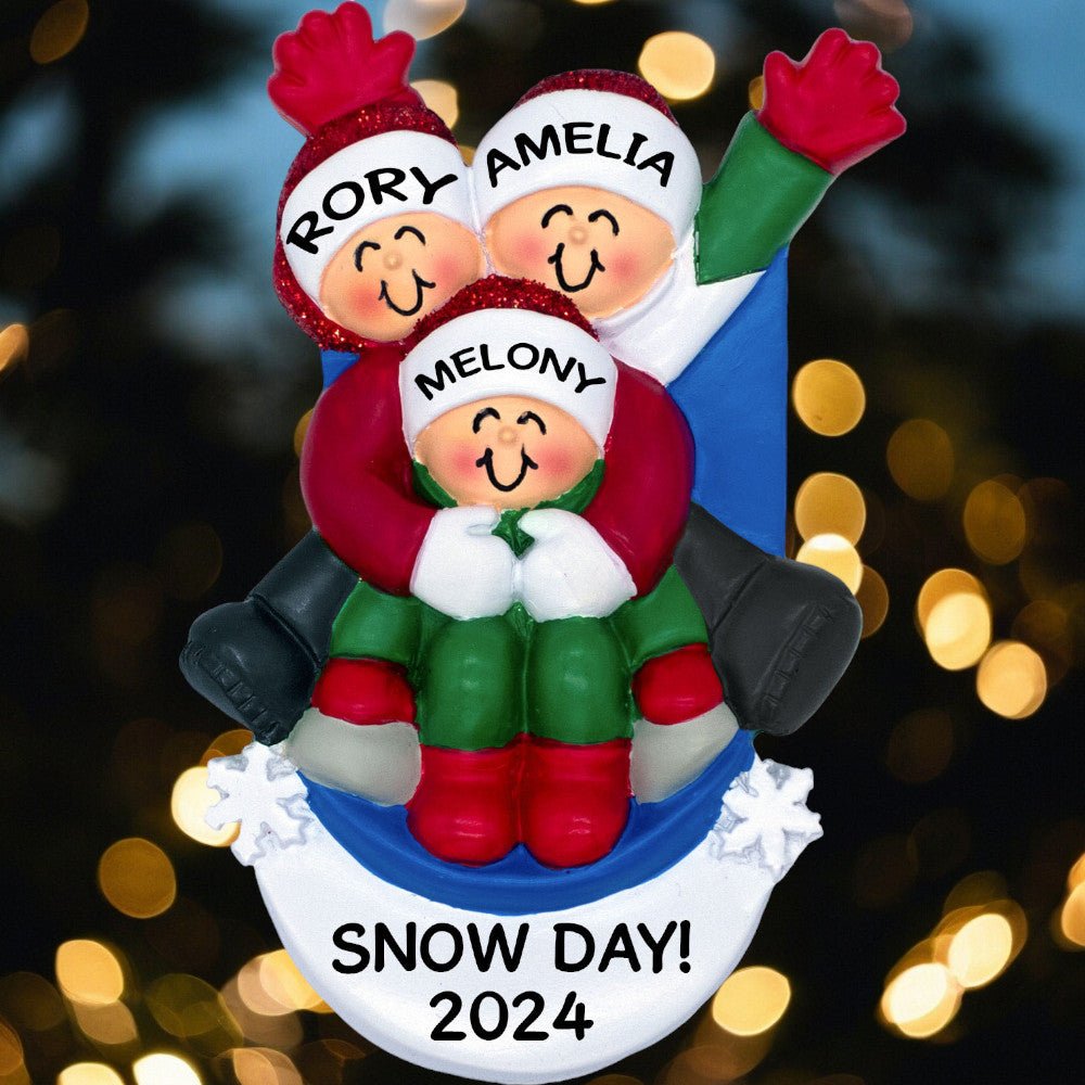 Family Sledding: 5 People Christmas Ornament - Last Elf on the Left