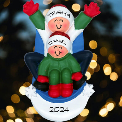 Family Sledding: 5 People Christmas Ornament - Last Elf on the Left