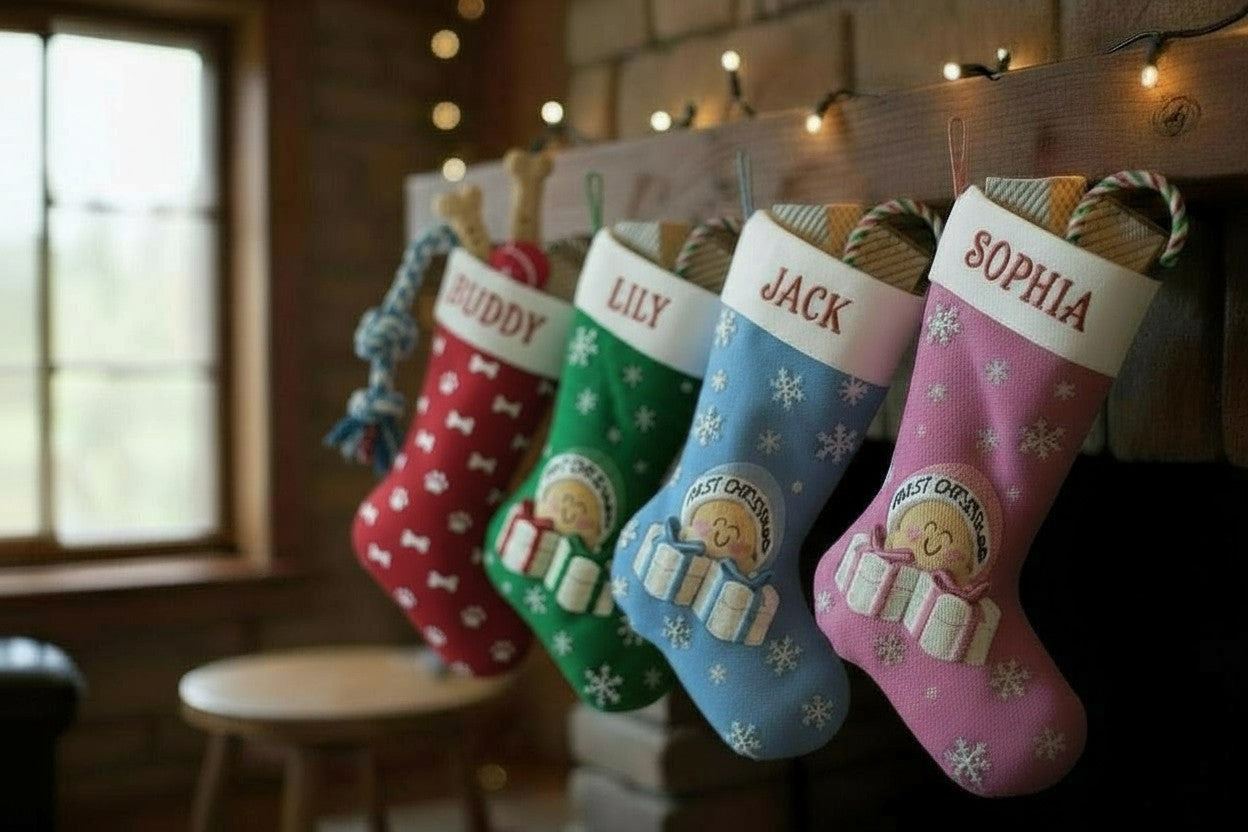 Four personalized Christmas stockings hanging on a mantel - red stocking for Buddy, green for Lily, blue for Jack, and pink for Sophia, each featuring festive designs and gingerbread characters